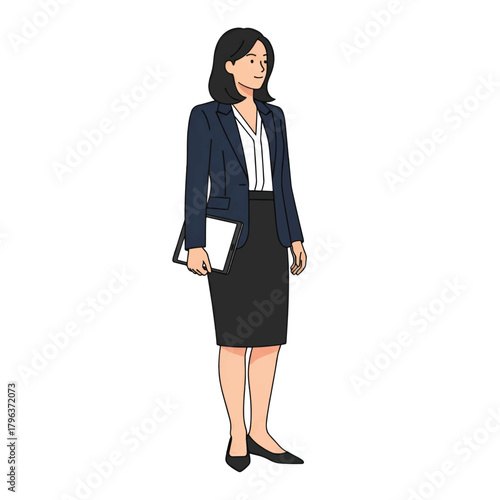 Professional woman in navy blazer and white blouse, black pencil skirt, holding tablet device. at job