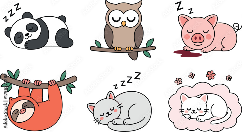 Obraz premium Cute sleeping animal illustration set featuring panda, owl, pig, sloth, and cats in adorable poses for children’s designs, cartoons, stickers, and nursery artwork.