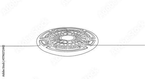 Frozen manhole cover line art symbolizing hidden winter danger