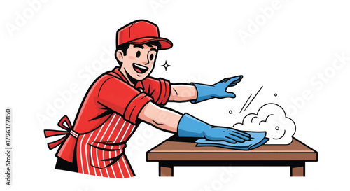 Smiling cleaner in red uniform and cap wipes a wooden table with blue gloves, sparkling clean today!
