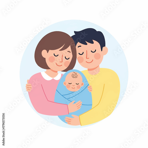 Soft pastel family portrait a mother and father cradle a smiling swaddled baby, with gentle warmth