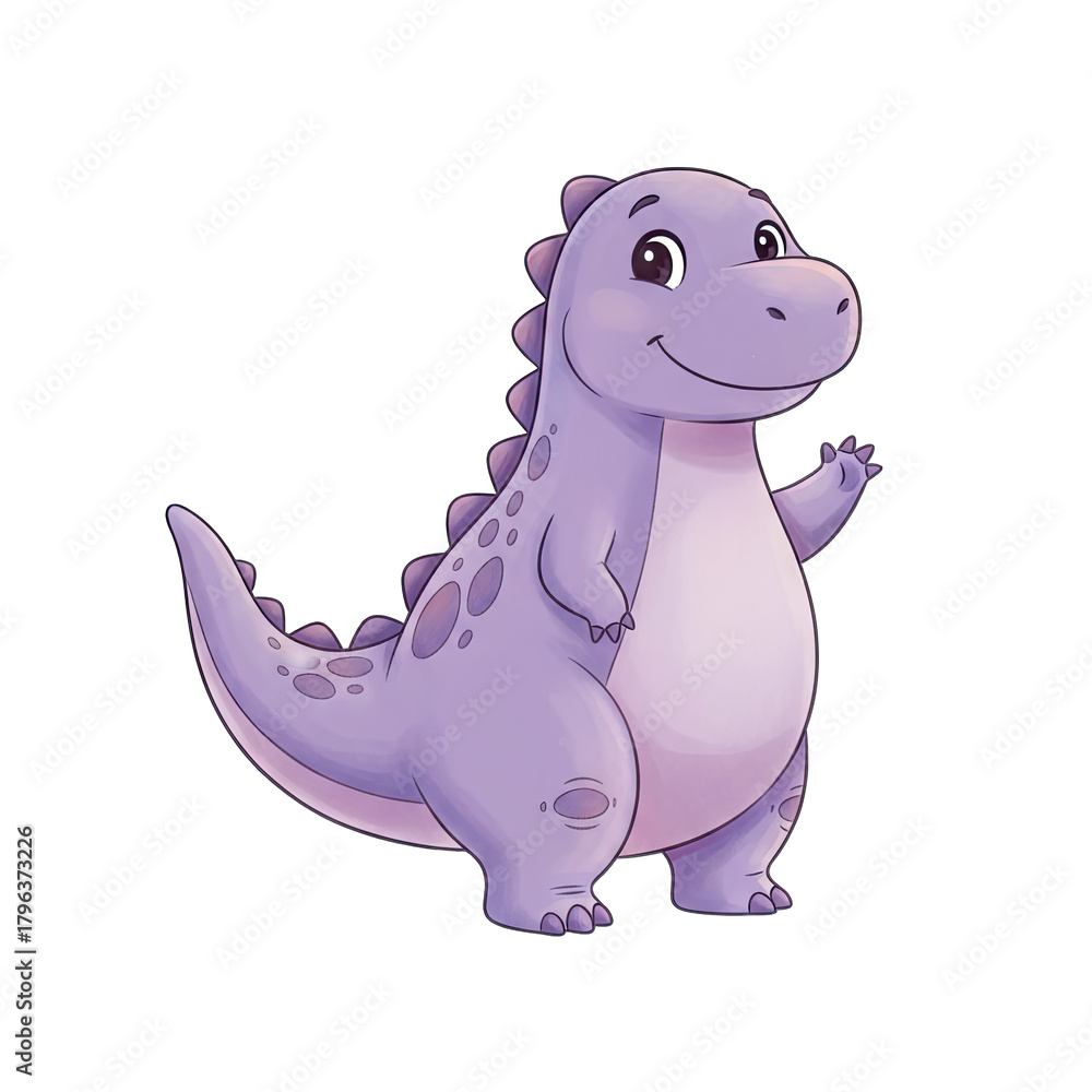 Fototapeta premium Charming Lavender Dinosaur Character Waving Hello with Gentle Smile Against Transparent Background
