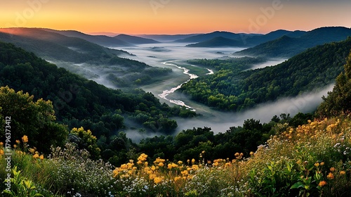 Sunrise over Foggy River Valley Landscape