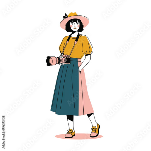 Stylish woman with wide-brim hat, yellow blouse, color-blocked skirt, and vintage camera with charm