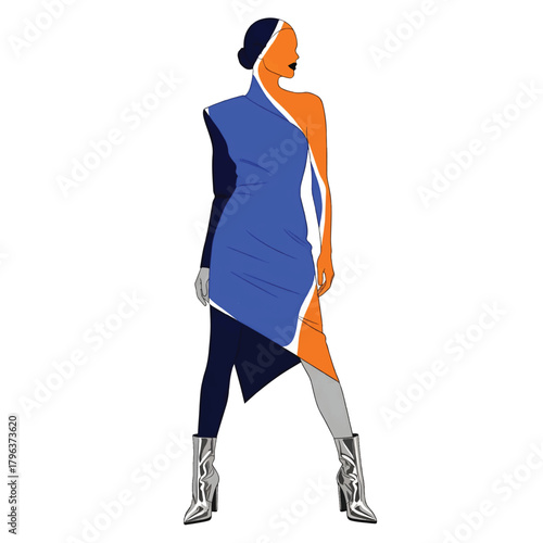 Stylized female silhouette in color-block dress, asymmetrical blue-orange-white panels, metal boots