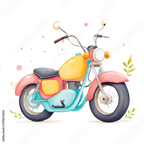 Colorful Watercolor Motorcycle Illustration, Cute Pastel Motorbike Art