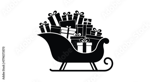 Silhouette of a christmas sleigh overflowing with gifts and presents on a white background