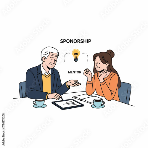 Two adults discuss at a table; a mentor guides a mentee under sponsorship, lightbulb idea. synergy