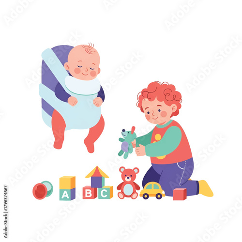Two kids play a baby in a carrier smiles while a toddler offers a plush toy amid blocks nearby now