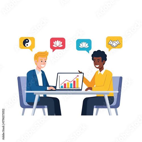 Two professionals at table review a laptop chart; bubbles, show balance, lotus, and handshake icons
