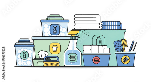 Vibrant cartoon display of cleaning supplies tubs, towels, sprays, brushes, soaps, sponges, cloths