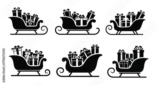 Six black silhouette christmas sleighs filled with gift boxes ready for delivery