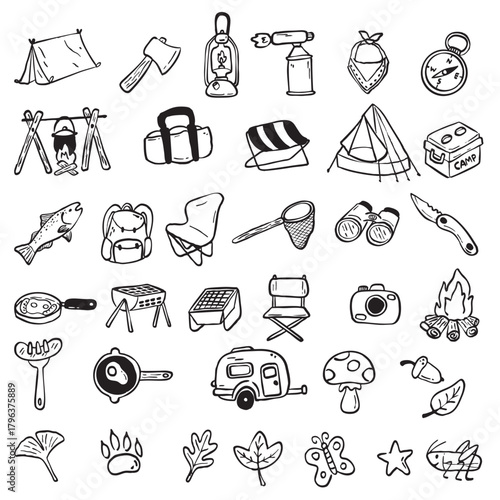 hand drawn camping gear and outdoor adventure icon set with tents, fire, cooking tools, backpack, trailer, and nature elements in black line doodle style on white background
