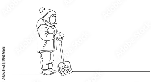 Kid with snow shovel line drawing symbolizing early winter effort