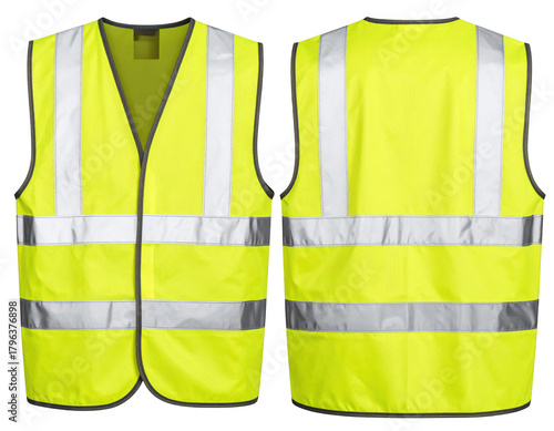 Front and back view of a high visibility yellow safety vest with reflective stripes. Isolated on transparent background