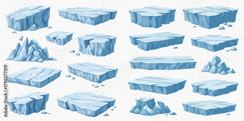 Set of various cartoon ice floes and icebergs, isolated vector illustration of frozen blocks and shards.