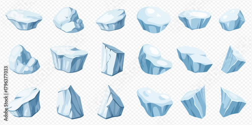 Set of various cartoon ice chunks, icebergs, and ice floes in different shapes and sizes, isolated on a transparent background, depicting frozen elements.