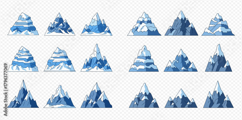 A collection of various stylized blue and white snow-capped mountain illustrations with different shapes and peaks, set against a transparent background.
