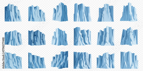 Collection of various blue icebergs and ice formations on a transparent background.
