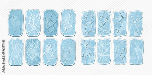 Cartoon set of cracked and broken ice blocks with various textures, including solid, fractured, and shattered pieces.