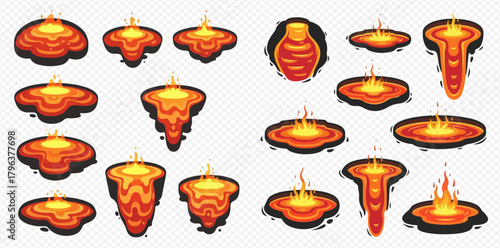 Collection of cartoon lava pools, volcanic vents, and fiery cracks with glowing molten rock and flames.