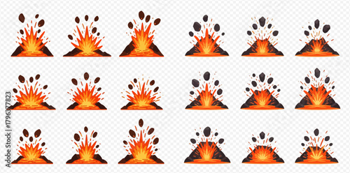 Cartoon volcano eruption animation frames set with fire, smoke, and flying rocks, depicting various stages of volcanic activity on a transparent background.