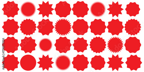 Set of red starburst. Sale sticker, price tag, starburst icon, quality mark, retro stars, circle sticker, red badges. Starburst red shape tags for price tags