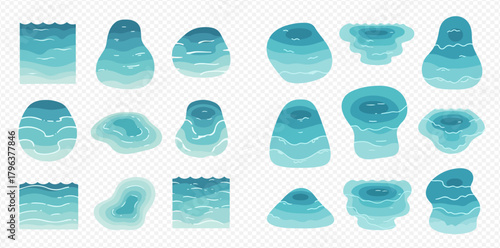 Collection of various stylized blue water shapes, puddles, and pools with wavy textures, isolated on a transparent background, ideal for graphic design elements.