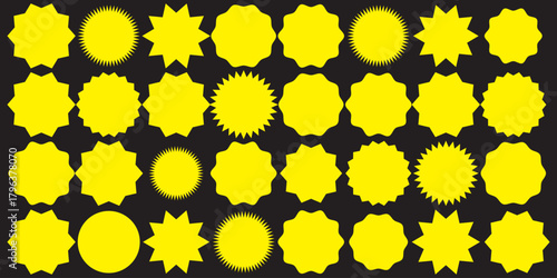 Set of yellow star burst shape tags for price. Circle sticker. Wavy edge promo badges. Set of burst tag icons. A collection of starburst stickers. eps 10