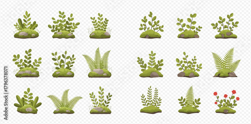 A collection of various green plants, bushes, and mossy rocks, ideal for game assets or natural environment design.