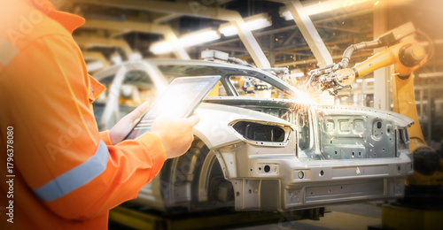 Engineer Using Digital Tablet with Robotic Arm Welding Car Frame — Smart Factory Automation and Industrial Technology in Modern Manufacturing Industry 4.0