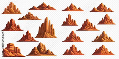 Collection of stylized desert rock formations, including mesas, buttes, and canyons, in various earthy tones, isolated on a transparent background.