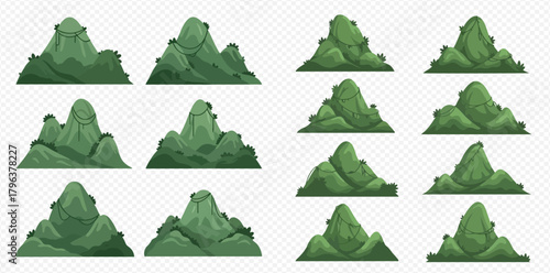 Collection of different cartoon green mountains and hills isolated on transparent background, perfect for game assets or landscape design.