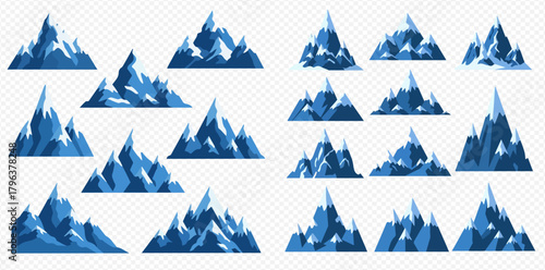 Collection of cartoon blue mountains with snow-capped peaks, stylized vector illustrations for graphic design.