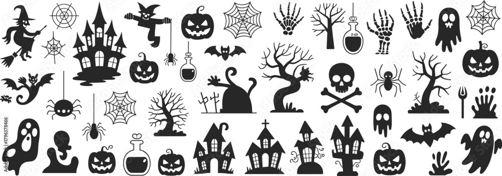 Naklejka premium Halloween silhouette vector set featuring spooky icons like witches, haunted houses, bats, ghosts, skeletons, pumpkins, and eerie trees for festive design projects