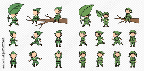 Cartoon elf characters in various poses, including walking, running, sitting on a branch, and holding leaves, suitable for game sprites or illustrations.