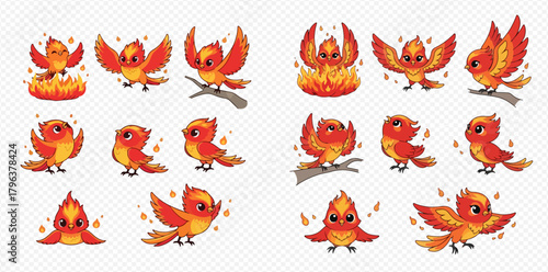 Collection of cute cartoon pixel art phoenix birds in various poses, some with flames, on branches, or flying, featuring vibrant orange and red colors.