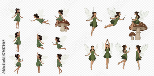 Collection of cute fairy characters in various poses with green dresses and delicate wings.