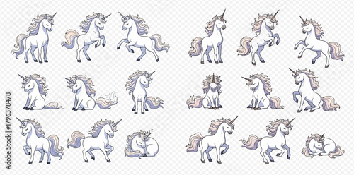 Collection of cute cartoon unicorns in various poses, including standing, sitting, rearing, and sleeping, on a transparent background.