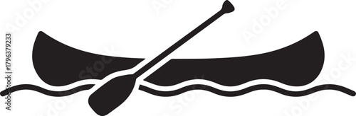 Black and white minimalist canoe with paddle on wavy water graphic boat wave