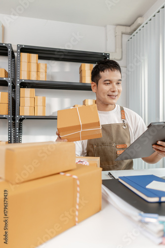 Startup business in ecommerce sector, with young professional managing online trade, packaging goods, and highlighting the importance of digital platforms in retail success.