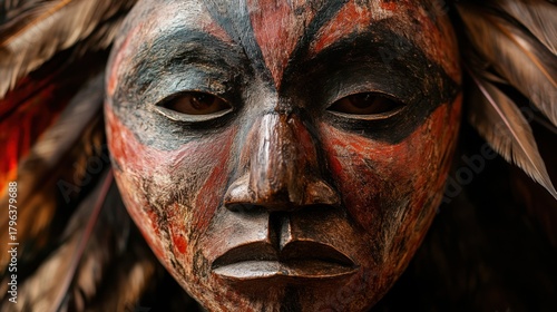 Ceremonial indigenous mask, carved dark wood and rare feathers, eyeholes are portals to a vibrant, swirling spirit world, ritualistic low light