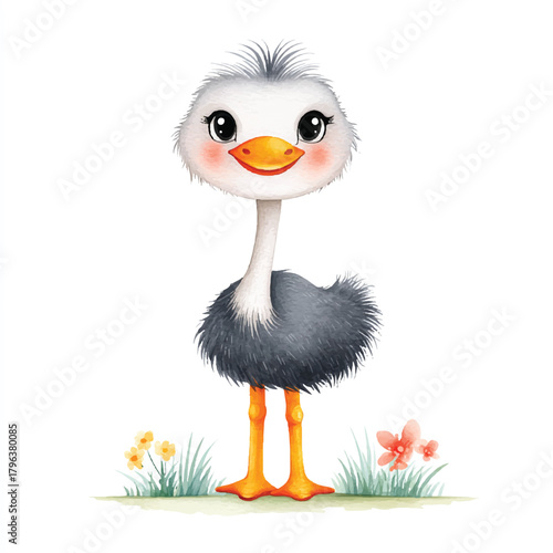 Cute Baby Ostrich Watercolor Illustration Standing on Grass