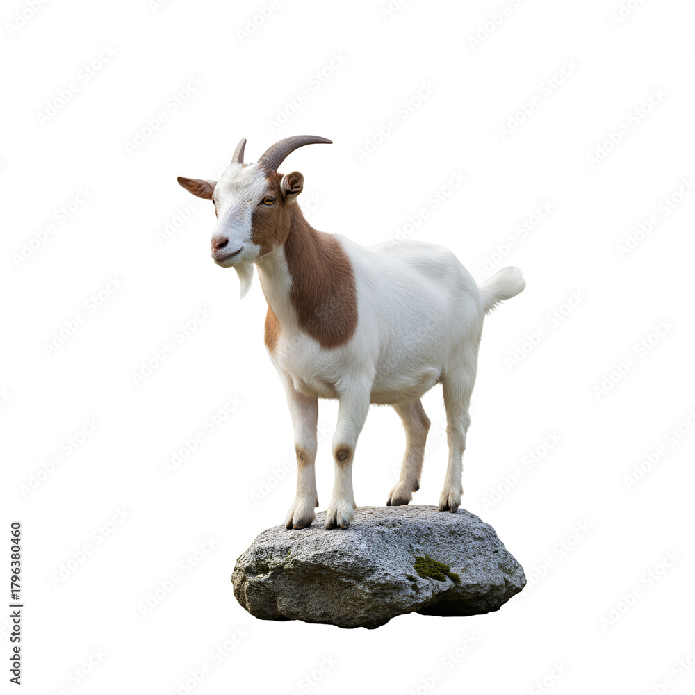 Fototapeta premium Goat standing on a white background surrounded by nature and farm elements