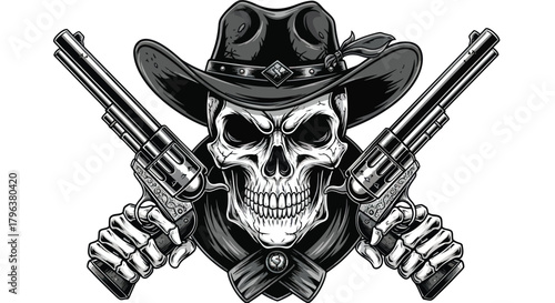 Gritty outlaw skeleton with revolvers wearing a cool cowboy hat for edgy graphic designs
