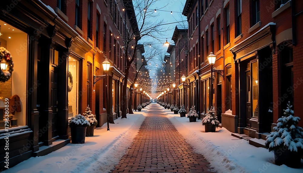 Obraz premium Winter street scene in historic Old Montreal, Canada, decorated with lights and snow, creating a warm, festive atmosphere in the charming old town cobblestone street, created with generative ai