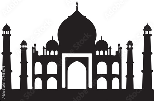 Black and white silhouette of the Taj Mahal monument with minarets and domes India architecture