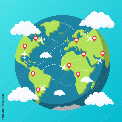 world traffic airplane destination point cloudy sunshine time to travel around the world vector illustration