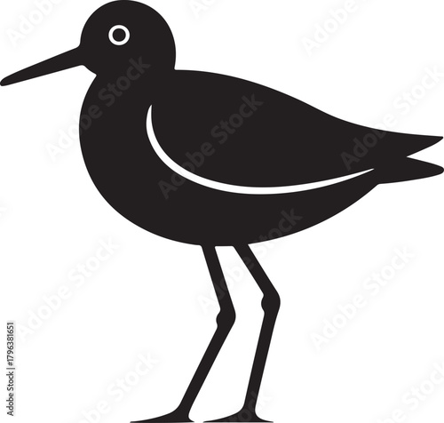 Minimalist black and white silhouette of a sandpiper bird with a long beak and thin legs