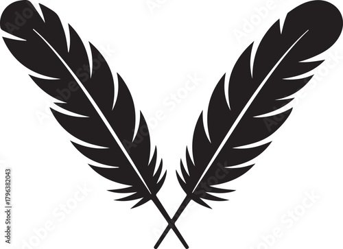 Two stylized black feathers crossed on a white background minimalist graphic quill writing